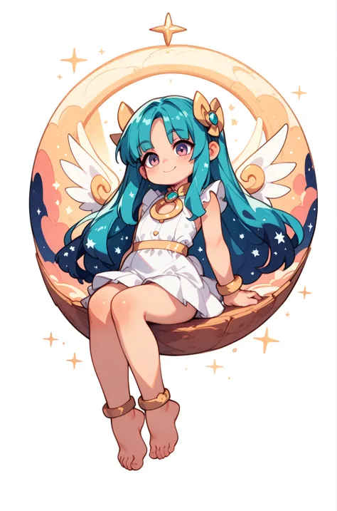  Masterpiece,  top quality,  amazing quality,   so aesthetic ,  high resolution,  Super Detail,   is ridiculous,  starry sky の背景、universe、Big Crescent Moon、 1 girl( very young、Sitting on the moon)、Turquoise Hair(Angel、 long、 straight hair)、barefoot、Night S...