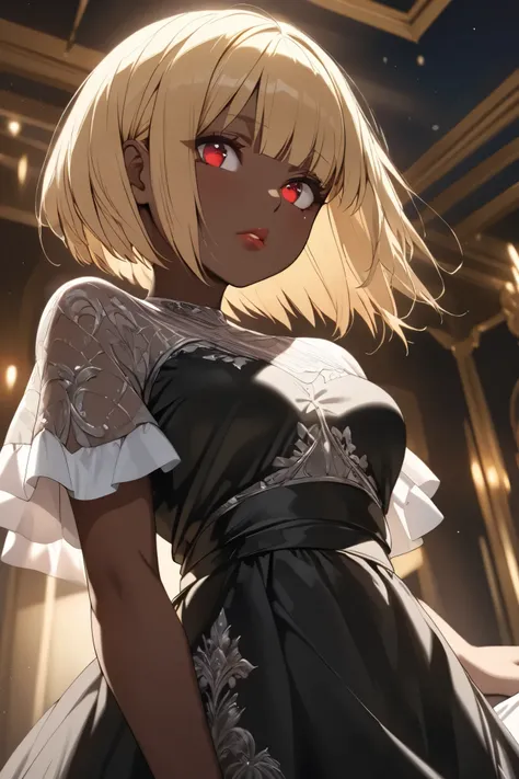 (masterpiece, best quality, extremely detailed, absurdres, very aesthetic), (black girl\super detailed skin, detailed beautiful face and eyes, red eyes, blond hair, short bob, Glossy lips:1.3), jwel, dress, (highly detailed background, lighting), from belo...