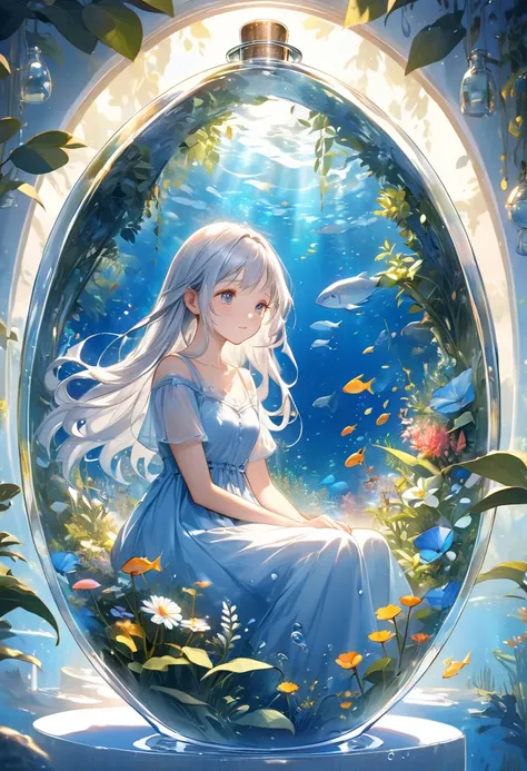  long silver hair －A sad woman sits inside a glass oval bottle。Inside it is surrounded by lush plants and flowers 、 with fantastic blue light in the air 。 she is wearing a white and soft blue dress、Underwater Background、 A soft golden light shines through ...