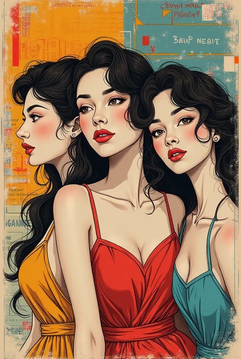 Tres Femeninos，top，red，until，ad， Colored pencil drawing ，drawing draft ，comic collage， illustration