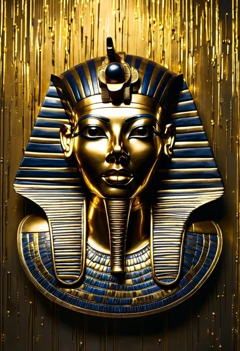   Tutankhamun face mask made of polished black metal reflecting sunlight, Sinister mask  , eyeless and open-mouthed ,   it hangs on a black metal wall ,  dark room with faint yellowish light 