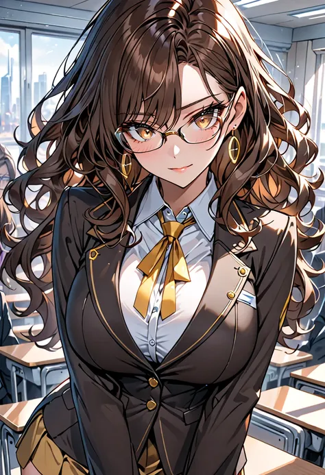  alone, female,  wavy hair, thick hair,  brown hair earring,  golden eyes,  huge breasts,  professor , short skirt, thin-rimmed glasses,  shy smile , Blush,  classroom, Suit, blazer, close up,  futuristic , high technology