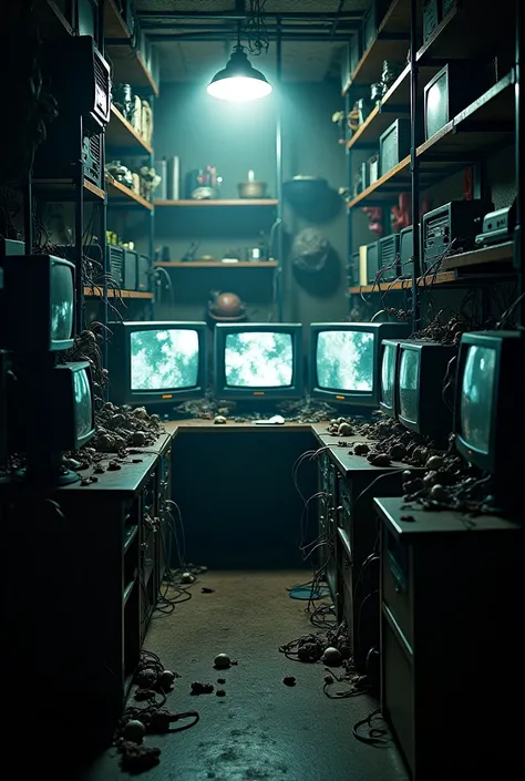 small storage room with security monitors and there's some animatronic parts and with some mysterious eerie atmosphere 

