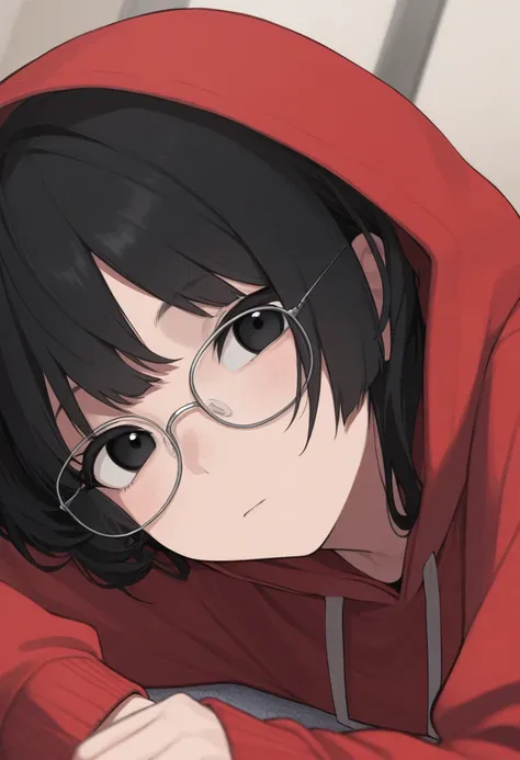 1girl, black hair, black eyes, red hoodie, glasses