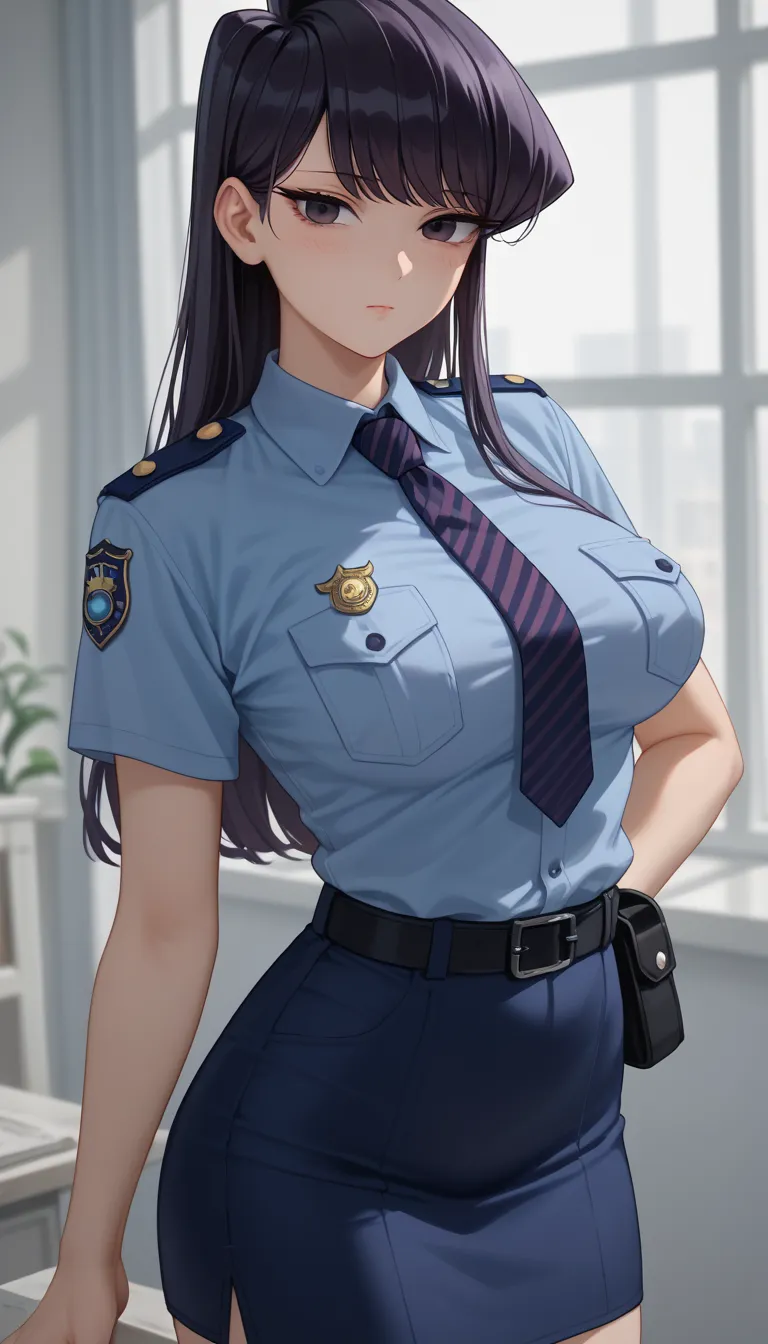 masterpiece,best quality,newest,absurdres,highres,komi_shouko,1girl, black eyes, purple eyes, long hair, black hair, large breasts, 
police uniform, blue skirt, miniskirt, necktie