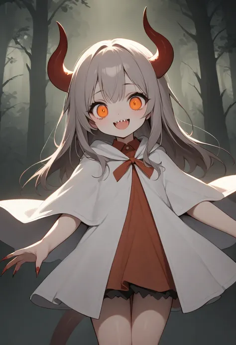 (masterpiece,best quality:1.2),solo,a cute thin devil girl\(little devil horns:1.2,long dark brown fluffy elegant hair,big eyes:1.2,Orange eye,curious eyes,smile,open her mouth,can see sharp teeth),Long, slender limbs、Sharp claws、orange-red nail,orange-red...