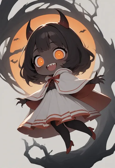 (masterpiece,best quality:1.2),solo,a cute thin devil girl\(little devil horns:1.2,long dark brown fluffy elegant hair,big eyes:1.2,Orange eye,curious eyes,smile,open her mouth,can see sharp teeth),Long, slender limbs、Sharp claws、orange-red nail,orange-red...