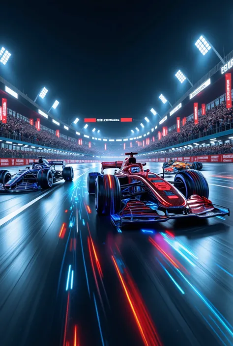 score_9, score_8_up, score_7_up, score_6_up, score_5_up, score_4_up, source_real photo, Create a dramatic depiction of a night race on a circuit at night, with F1 cars decorated with holographic advertising designs racing around the circuit, the trails of ...