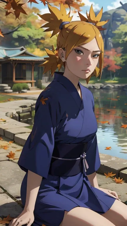  Masterpiece, absurdres , ( Intricate Details ), (color), Film Lighting ,Bustshot , Highly detailed CG wallpaper background image in Unity 8K,Temari \(Boruto \), 1 girl, Mature woman , Blue Kimono Shirt ,  Seating , outdoor, ( Fallen Leaves:1.3), ฤดู Falle...