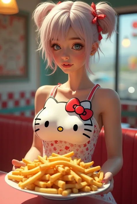 Femboy with big pectorals ,  wearing a Hello Kitty apron delivering french fries 