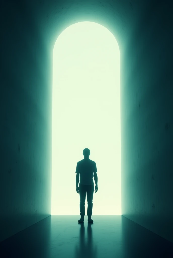 A human silhouette standing in a glowing tunnel, symbolizing stepping into a new mindset.
