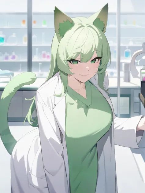 masterpiece, best quality, high quality, beautiful anime character, solo, anime girl with green hair, messy green hair, long hair, green eyes, green cat ears, mature female, tall female, big girl, thick, (naughty face, light smile, curious eyes), lab, (lab...