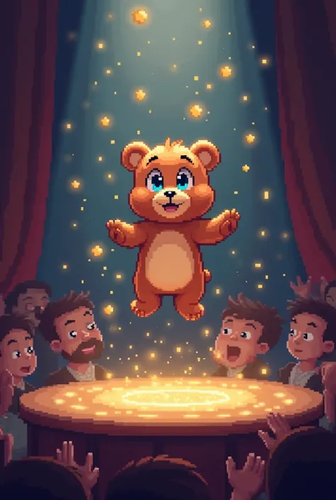 Prompt: As the pixel-art baby bear closes his eyes and spins three times, he suddenly starts floating in mid-air! His big blue eyes widen in surprise, and golden magic dust swirls around him. The audience gasps and claps with joy. The magician looks proud ...