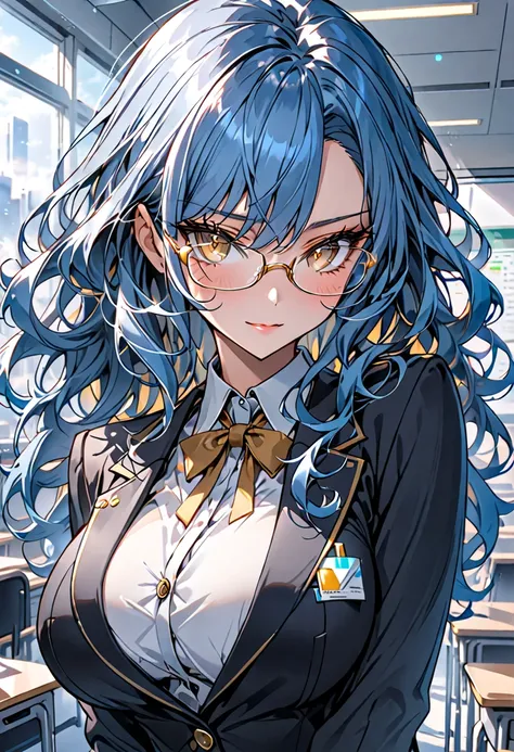  alone, female,  wavy hair, thick hair,  blue hair,  golden eyes,  huge breasts,  professor , short skirt, thin-rimmed glasses,  shy smile , Blush,  classroom, Suit, blazer, close up,  futuristic , high technology
