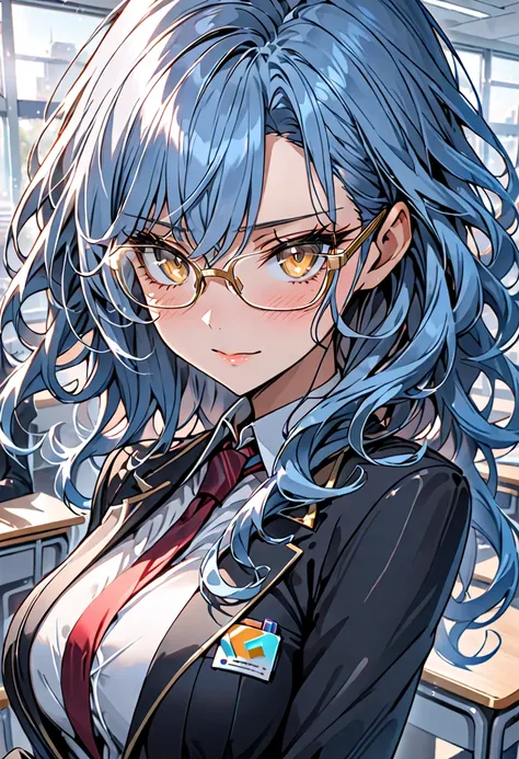  alone, female,  wavy hair, thick hair,  blue hair,  golden eyes,  huge breasts,  professor , short skirt, thin-rimmed glasses,  shy smile , Blush,  classroom, Suit, blazer, close up,  futuristic , high technology
