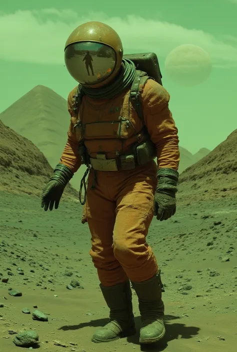  Close-up image in focus of a man dressed as an astronaut in a dirty orange dirt suit walking on the surface of a rocky planet in dark space, Do you have one of your arms stretched out trying to hold something ,  Perfect and detailed hands , Does dust gath...