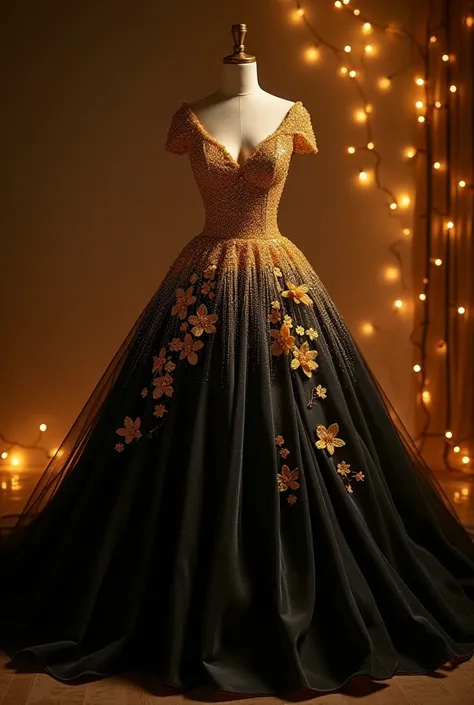 Here's a prompt to create the gown:

"Design an elegant ball gown featuring a fitted, sparkling gold bodice with intricate details. The skirt should be flowing and gradient from black to a lighter shade with shimmering golden floral embellishments cascadin...