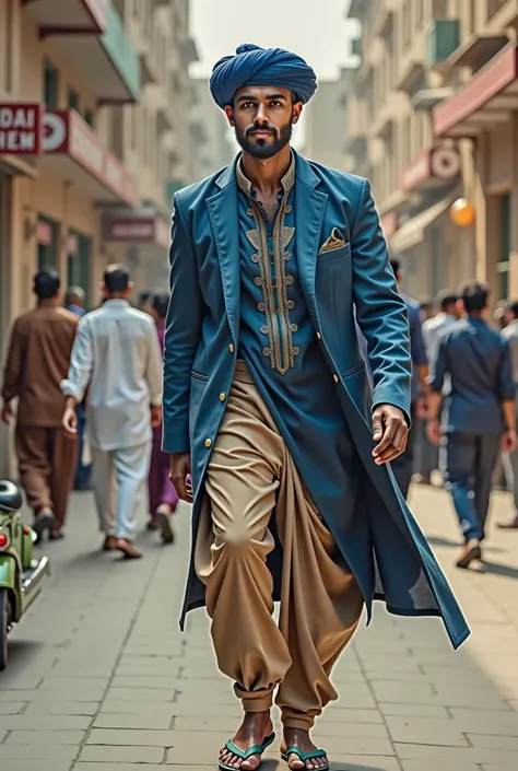 araffe dressed in blue and tan walking down a street, a picture inspired by Sarper Baran, instagram, realism, edited in photoshop, dressed in a jodhpuri suit, with lovely look, very very low quality picture, new song, traditional clothes, mohamed chahin st...