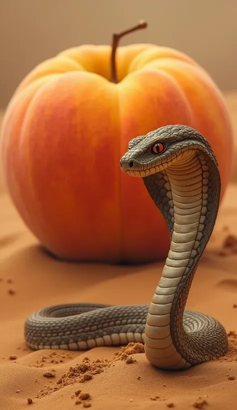 A sleek, hooded cobra slithers through the sands of a mystical desert. In front of it is a giant peach, its velvety skin radiating a warm, golden glow. The cobra raises its head, its hypnotic eyes locked onto the enchanting fruit.