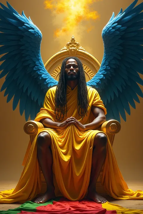 Man with dreadlocks blue wings with gold fabric in his hands, sitting on his golden throne, at the bottom the flag of Algeria