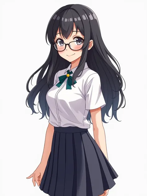 Create an anime-style illustration of a 20-year-old woman with long, wavy black hair and glasses. She is wearing a traditional Thai university student uniform, which includes a white blouse , a dark pleated skirt. The character should have soft, expressive...