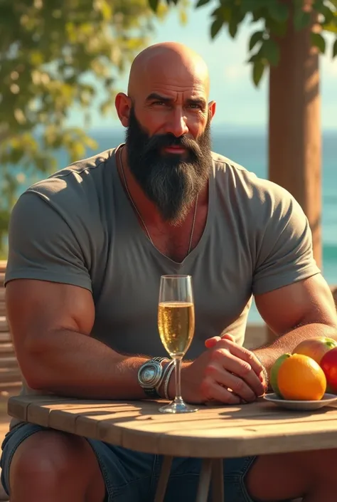 1 guy , 25 years , pumped up , sunburnt , pointed nose, in a gray T-shirt , silver bracelet on hand , bald , beard black and gray thick, denim shorts, sits by the table , There is champagne on the table , fruits, nature in the background , trees, Sun , sli...