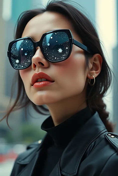 Model wearing sunglasses with stars and moons on the lenses