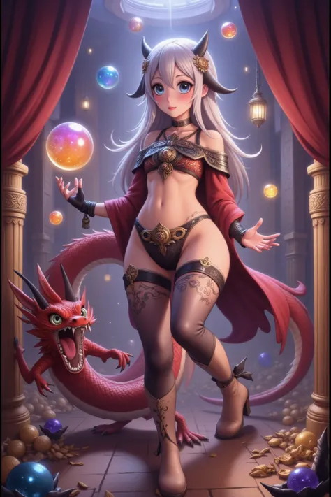 9subject 1: A gorgeous enchantress (cute, age 20, sexy small jester outfit, arcane tattoos, matching gloves, matching boots, platinum hair), has reached a fantasy treasure room with piles of gems and gold, she juggles magic orbs and large sparkling gems to...