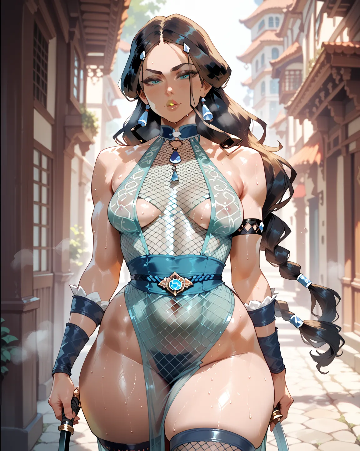 katara(avatar), dominant female, musk clouds, wide hips, wide pelvic, medium breasts, fishnet halter dress, one black thighigh, sweat, front view