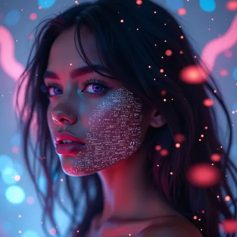  A very beautiful utopian holographic Profile picture with a  woman,  dark skin with purple eyes, long hair waving  through which a perfect Mathematical formulas  landscape is seen breathtaking and surreal.  The landscape appears as a double exposure in he...