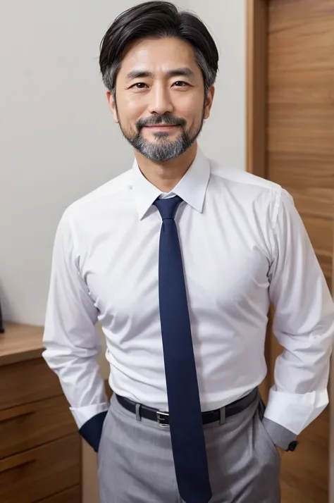 Attractive Japanese man with graying beard, 45-year-old single CEO, wearing a shirt and tie and white briefs