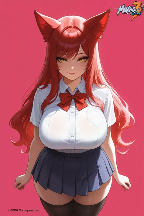 (masterpiece, official art), 1girls, solo, shortstack, thick, curvy, curvaceous, red hair, yellow eyes, long hair, ahri, incrsAhri, fox ears, (school uniform, skirt, thighhighs), (closeup), portrait, (large breasts), standing, view from front, simple backg...