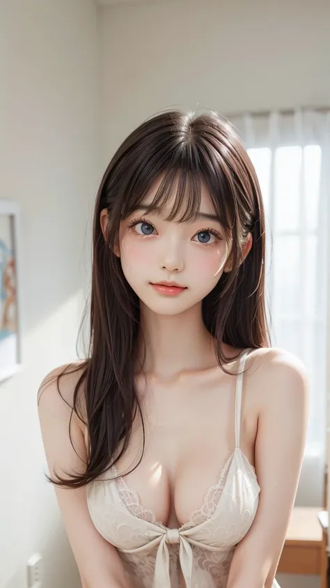  portrait、、 perfect skin, naked:1.3、Nipples、 smile、 Embarrassing、nsfw, ,from front, paizuri, breast squeeze, 1boy , penis between breasts、、( slim、1 person, cute young woman,  medium breasts, black hair、 long hair、Hime cut hair 、Long side bangs、Azure Eyes、r...