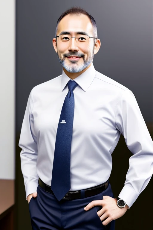 Attractive Japanese man with graying beard, 45-year-old single CEO, wearing a shirt and tie and white briefs