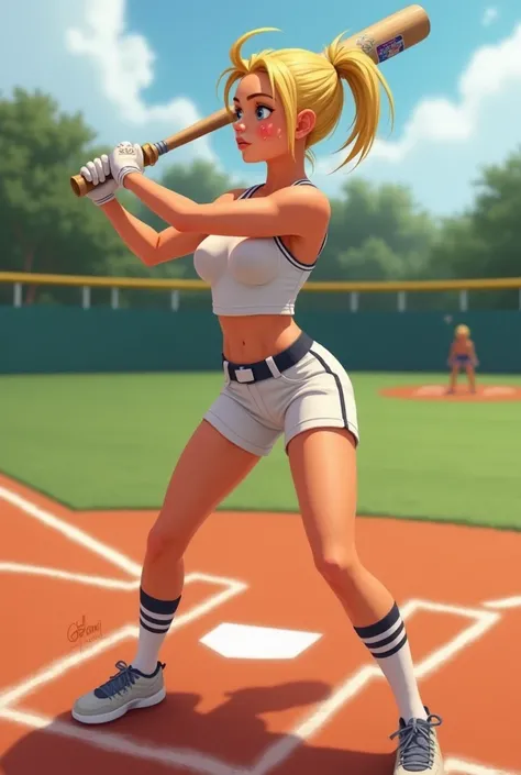 Blonde girl playing baseball with tight shorts and a tight sweaty shirt