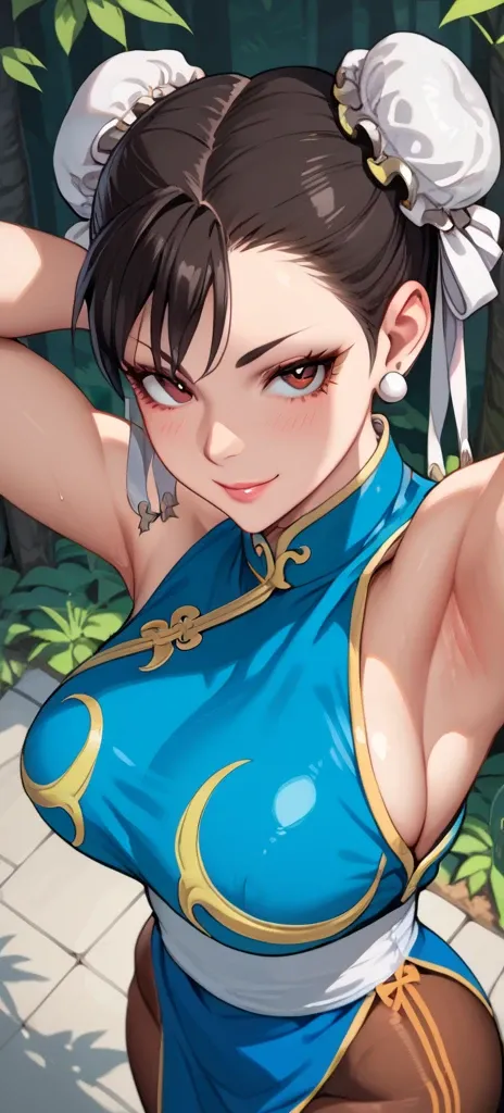 score_9, score_8_above, score_7_above, score_6_above, source_anime, to break, Chun-Li, 2 buns,  Big breasts , bare shoulders, Alone,  all four ,  seductive smile,  looking at the viewer,  forest background showing armpits. 