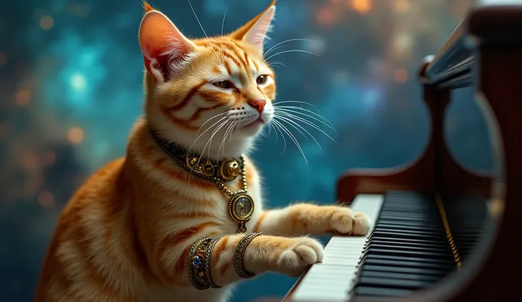 An image featuring cat with a gear necklace, brass bangle bracelets, and a pendant with an embedded pocket watch face, A cat is playing the piano with its pawsshowcasing the integration of clockwork elements into accessories,Nebula glowing in the galaxy ba...