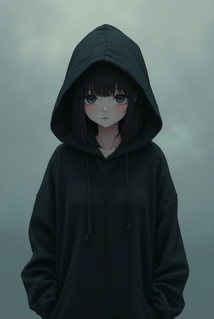 An anime girl in a black hoodie stood staring into the void.