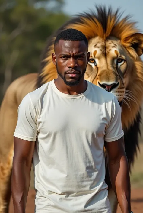 A man wearing a white T-shirt is Dudung with a lion facing the camera 