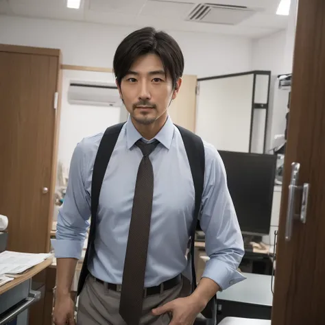 Attractive Japanese man with graying beard, 45-year-old single CEO, wearing a shirt and tie and white briefs