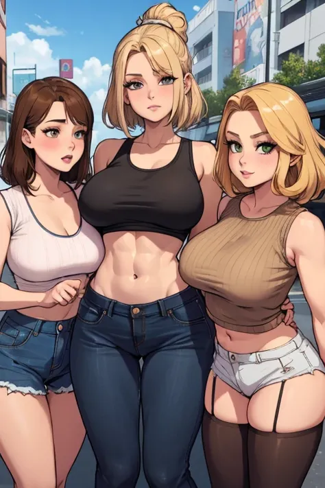 4 busty and thick women, 1 woman has tank top and shorts and is blonde, 2nd woman has sweater and jeans and has short brown hair, thrid woman had ornage hair and wears cropped shirt with a skirt with abs