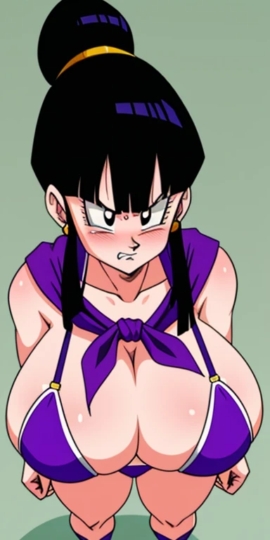 Chichi_  Dragon Ball,   standing, Camera Looking Up 、 lower breasts visible 、 alone,     gigantic  _  Super Big Breasts   ,Purple Bikini_  purple  _  neckerchief  ,   Masterpiece,   top quality,  Blushing and angry expression, ,   high resolution, Green ba...