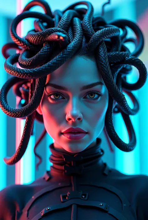 medusa da mitologia grega, pegando o cabelo inteiro na cena, com umas luz neon  futurista, e com o rosto de frente com a camera,