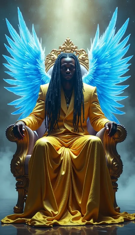 Man with dreadlocks blue wings with gold fabric suit in his hands, sitting on his golden throne, bode glowing with brit white lite