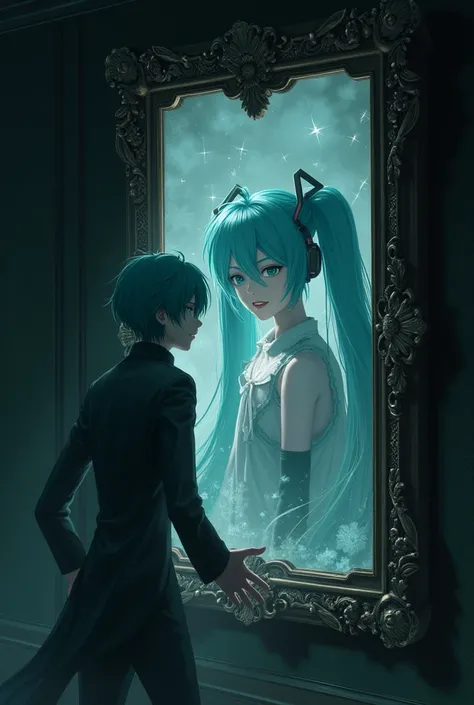 but when kaito vocaloid tries to reach out, hatsune miku image fades away from the big old mirror