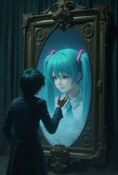 but when kaito vocaloid tries to reach out, hatsune miku image fades away from the big old mirror