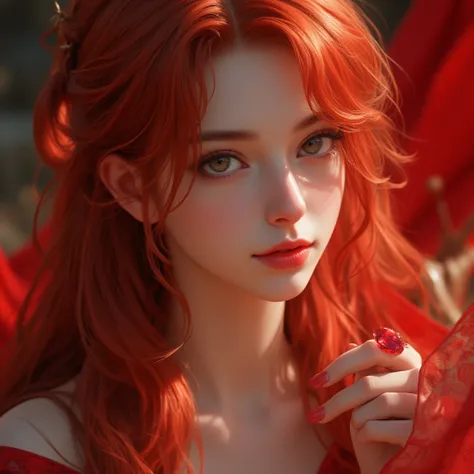 Masterpiece, best quality, 8k, highest quality, best graphic, beautiful eye, beautiful lip, beautiful background, girl in 20s, red hair, red eyelash, full body, huge ruby on her hand, red cloth