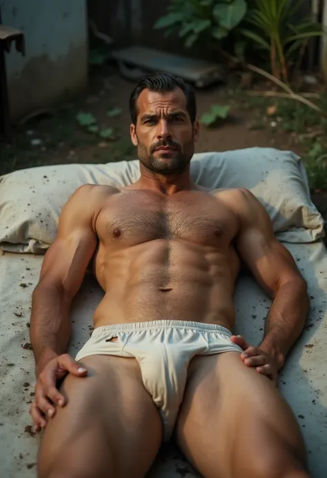 Man in his 40s , handsome face attractive perfect defined muscular body attractive shirtless in underwear with big bulge in front of slum house  , dirty light colored underwear with holes , FEDORENTA, is lying on the dirty old mattress , seen up close , tr...