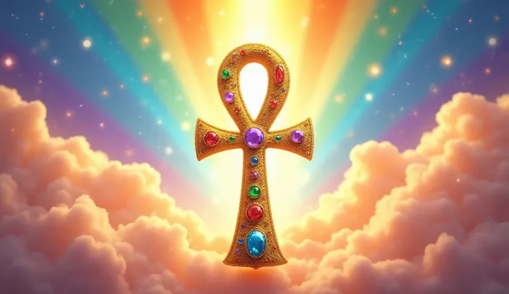 An ankh, adorned with vibrant, colorful gemstones, is centered in the image.  The ankh is a golden-hued cross with a loop at the top, richly studded with various shades of gemstones including reds, greens, blues, purples, and oranges.  The gemstones are pr...