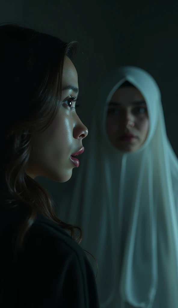 A deep, chilling close-up of Zara’s shocked expression as she hears the whisper. A ghostly figure of Ayesha is barely visible in the background, her lips slightly parted as if she just spoke.